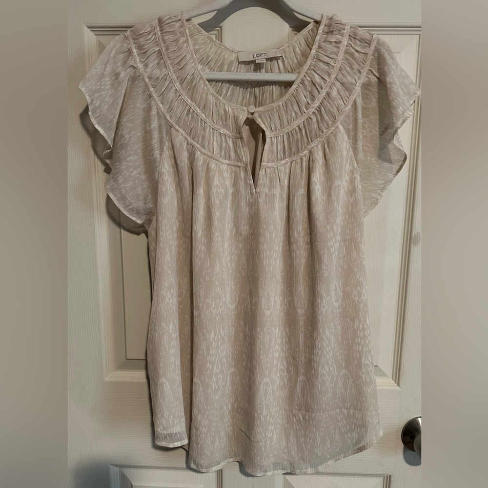 LOFT Tan Ruffled Cap Sleeve Blouse